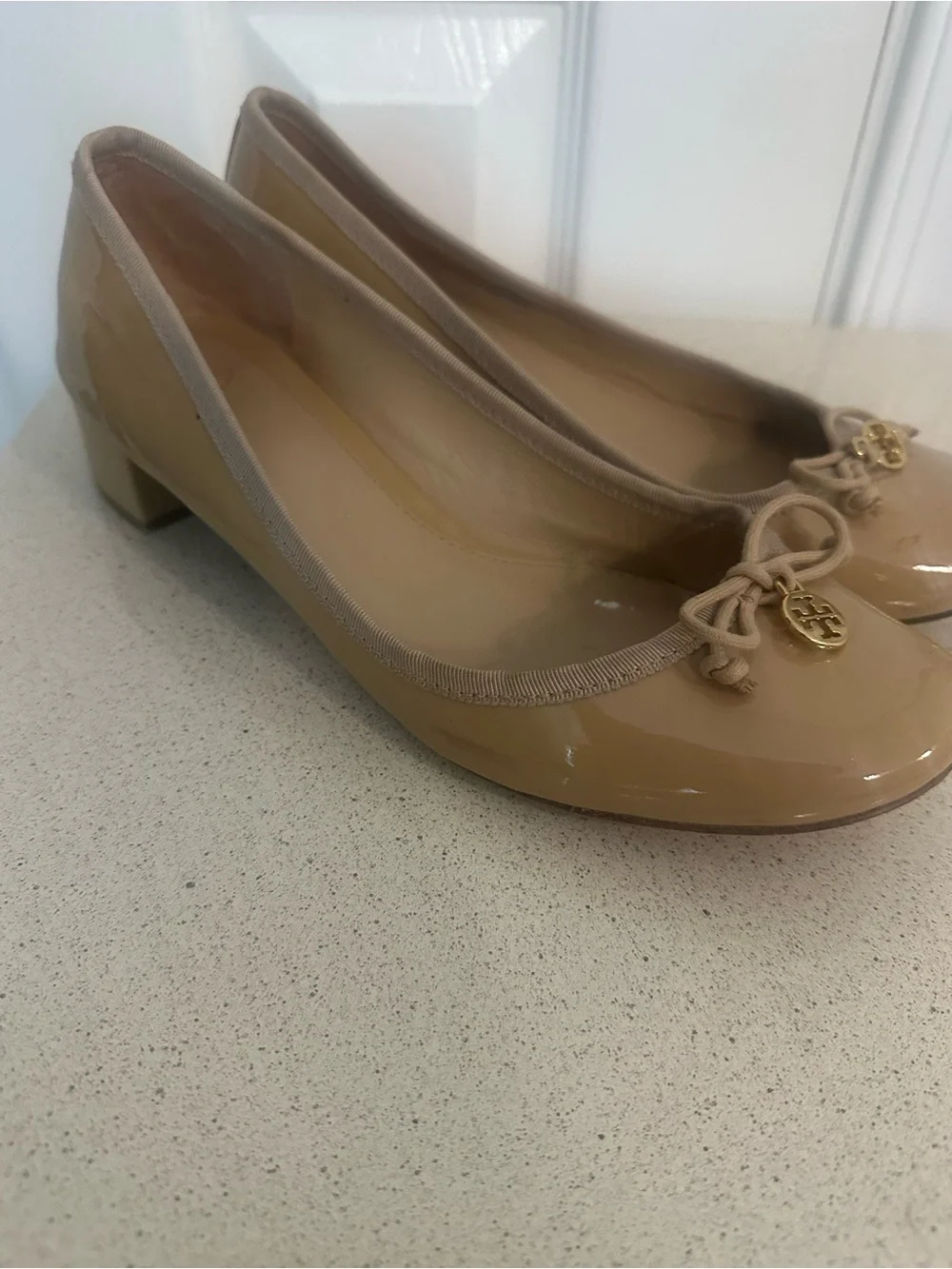 Tory Burch Patent Leather Block Heel Ballet Pumps Nude Women’s Size 8.5